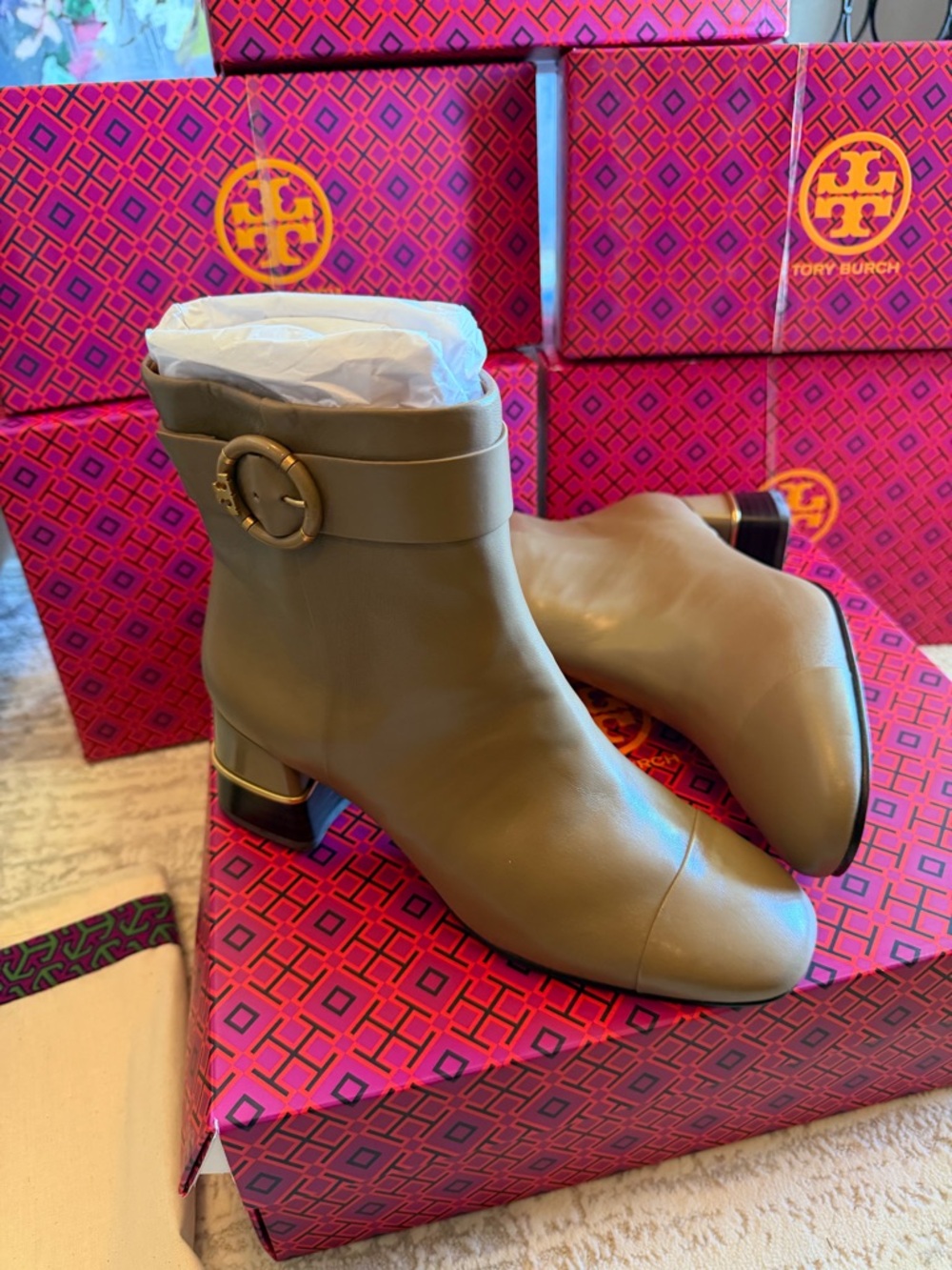 Tory Burch Multi Logo Leather Heel Ankle Boots